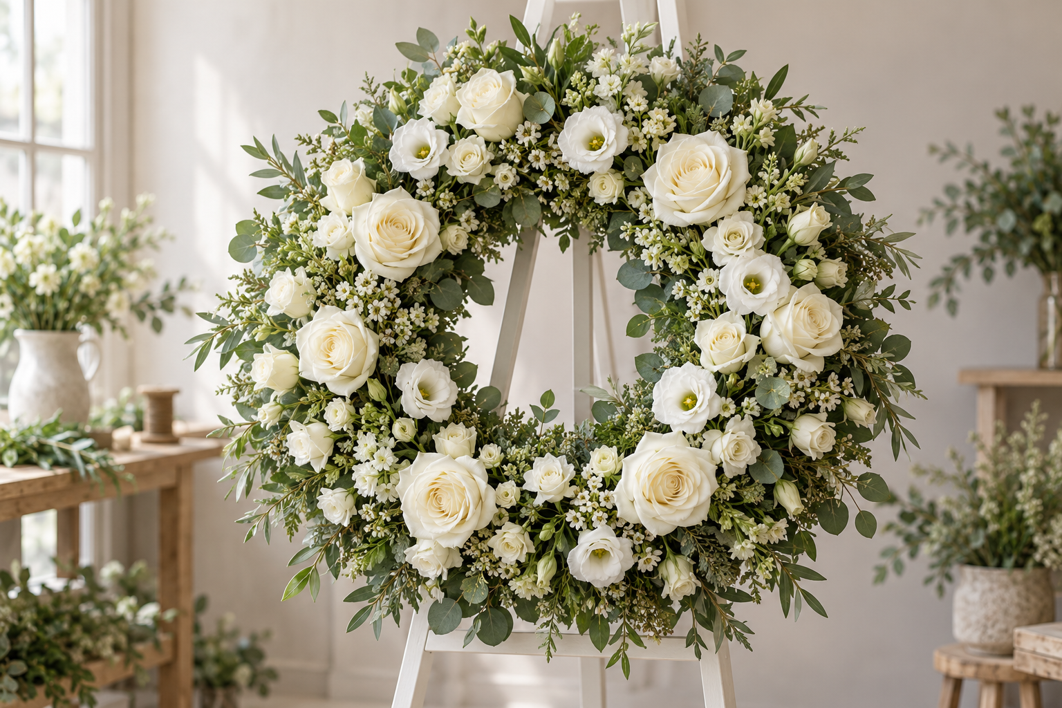 Corona floral ilustrativa en blanco y verde para un homenaje