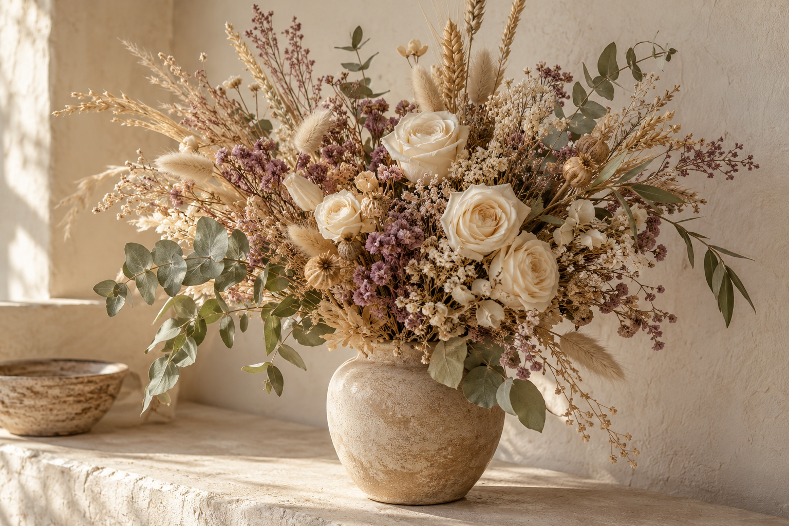 Composición ilustrativa de flores secas y preservadas en un jarrón