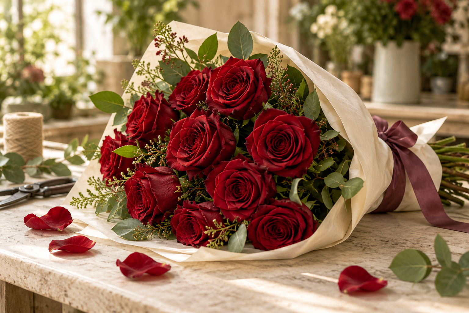 Composición ilustrativa de un ramo de rosas rojas envuelto en papel claro